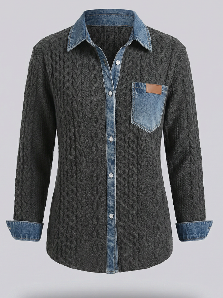 Long-Sleeve Shirt with Denim Patchwork