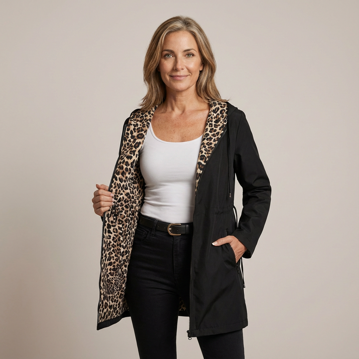 Reversible Hooded Coat with Leopard Print