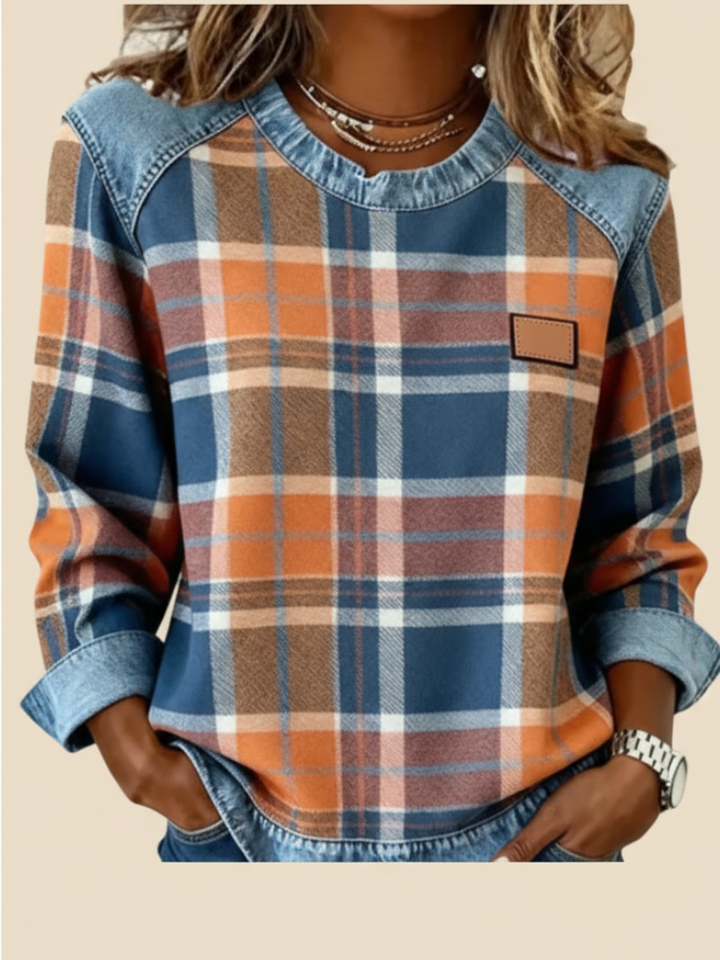 Women's Casual Round Neck Denim Patchwork Pullover Sweatshirt