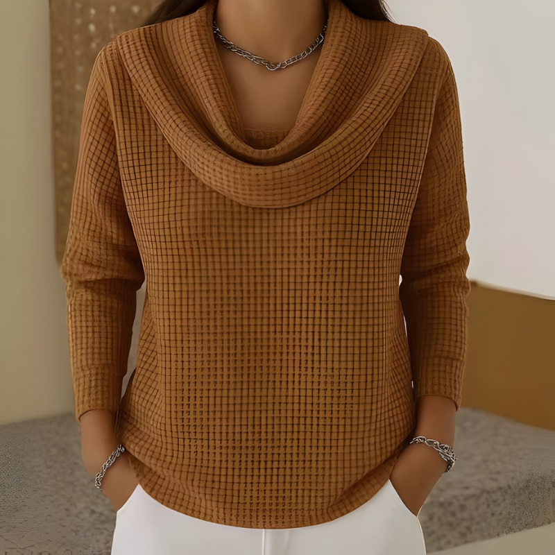 Amber | Warm Waffle Sweater with Elegant Waterfall Neckline